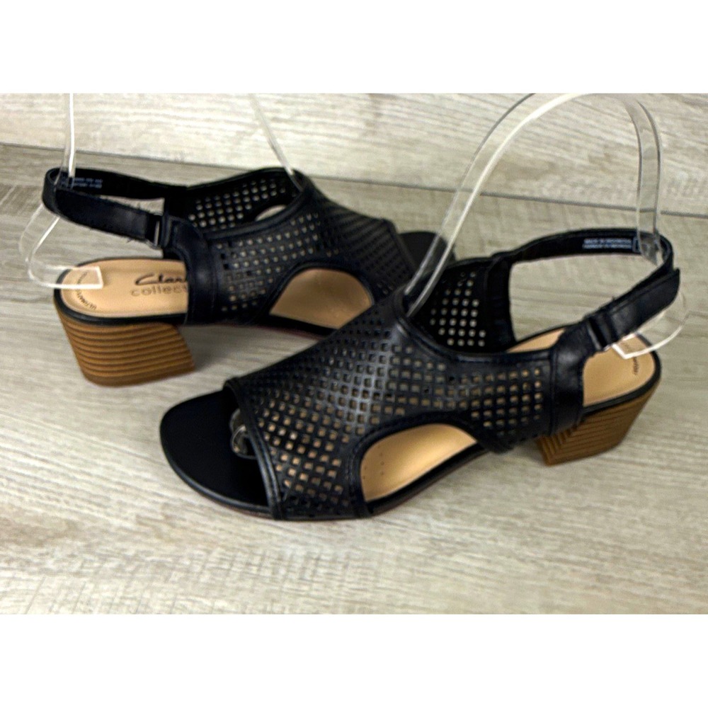 Clarks Caroleigh Star Womens 6M Black Leather Slingback Block Heel Sandals